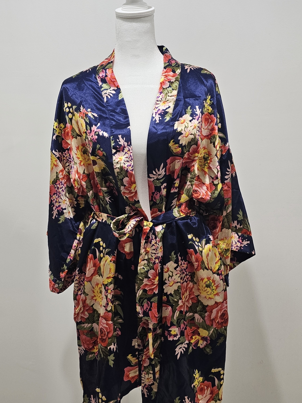 Floral Satin Kimono Robe - Navy Floral